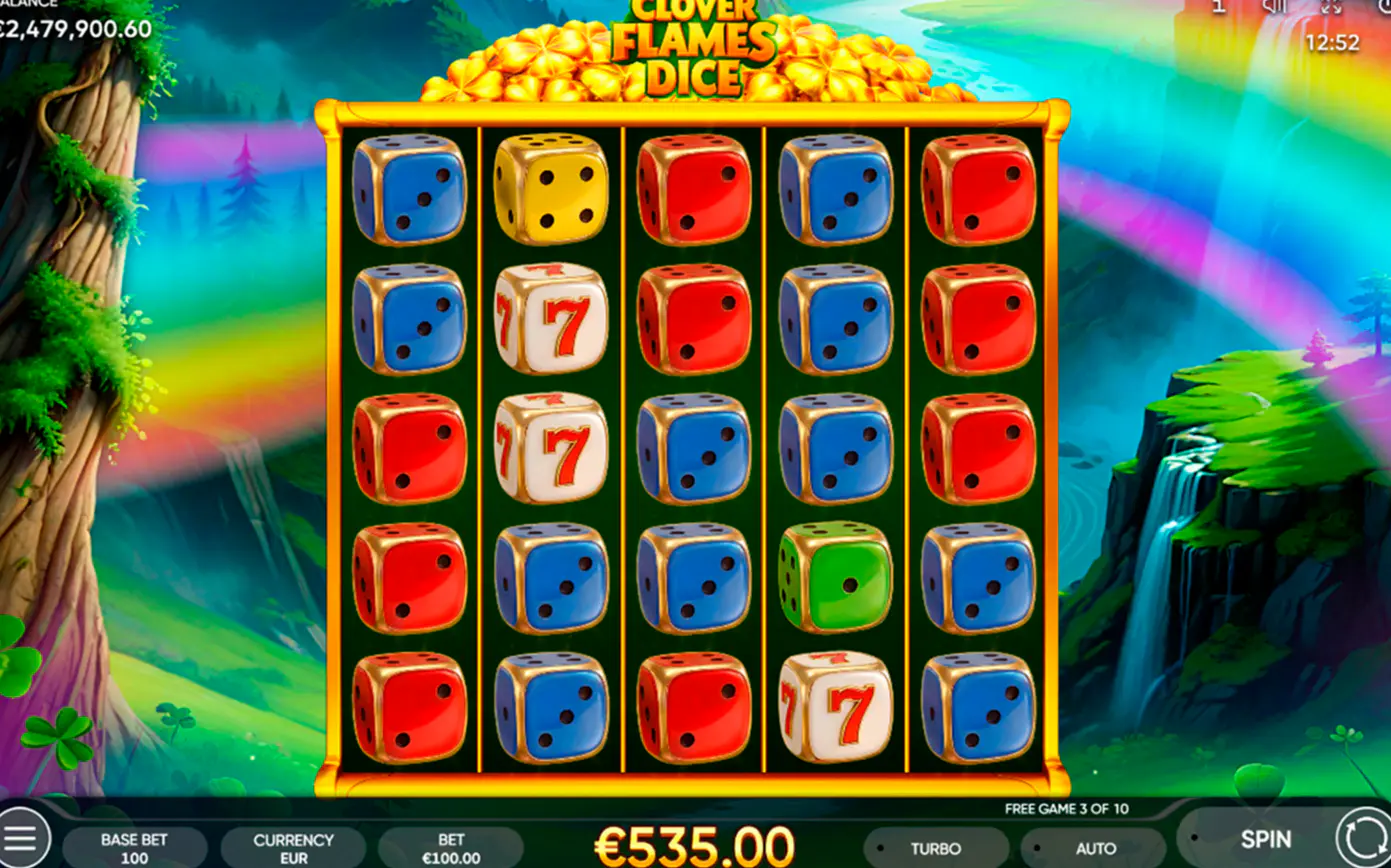Clover Flames Dice free games screen showing free game 3 of 10 and a 535 euro win