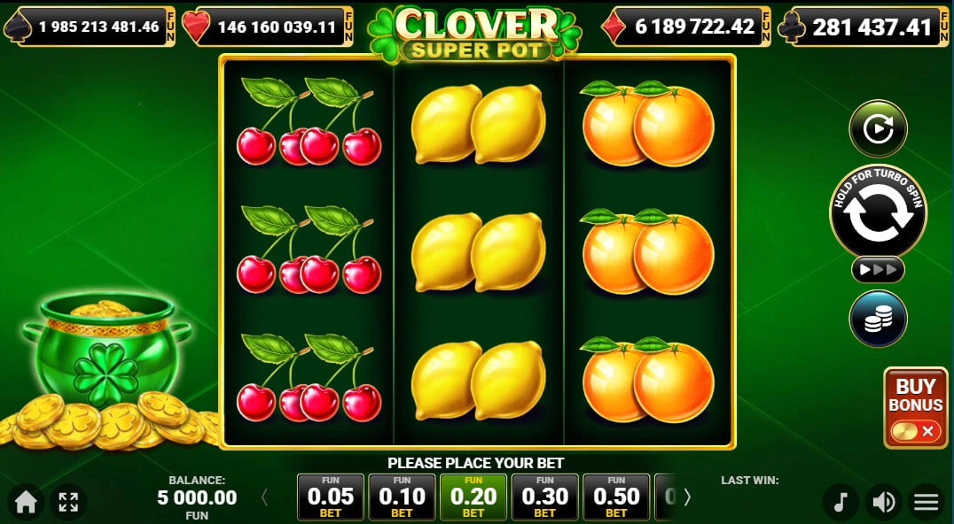 Main 3x3 grid of Clover Super Pot slot showing cherry and lemon symbols for a classic fruit machine experience.