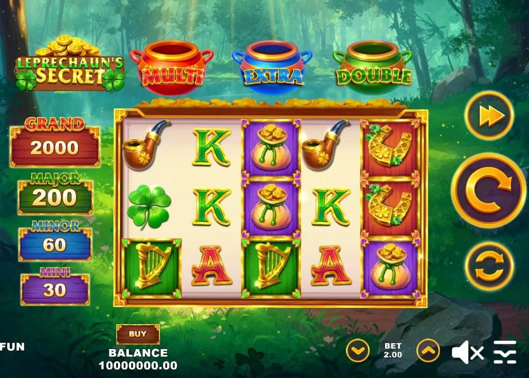 Clover Treasure Hold & Win 3x3 slot grid with beer and pipe symbols on a purple background, showing the base game interface for players.