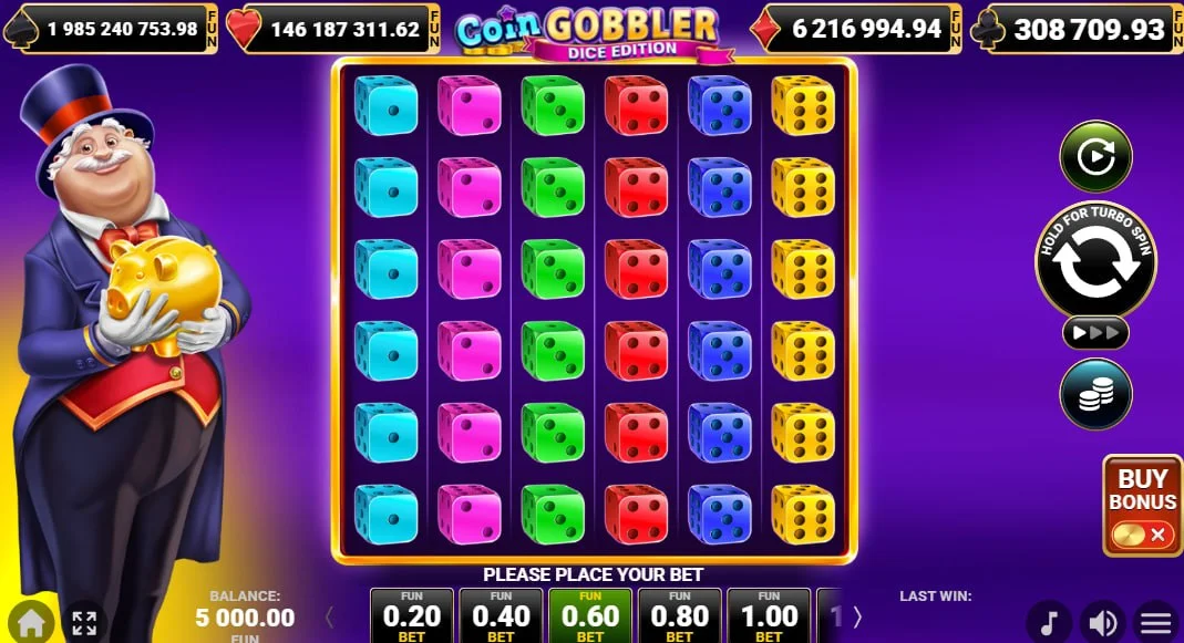 6x6 grid of Coin Gobbler Dice Edition featuring colorful dice symbols and the rich piggy bank character in a tuxedo.