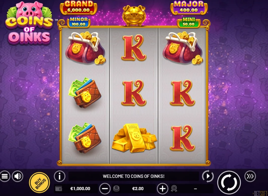Full paytable of Coins of Oinks slot showing Wild Pig and Gold Bar values which is essential for understanding the game's reward structure.