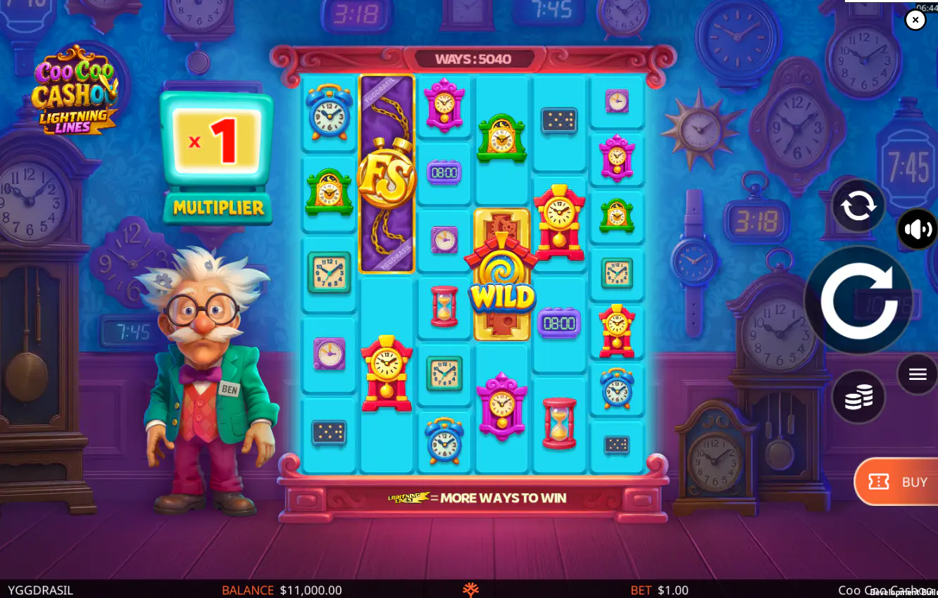 The base game grid of Coo Coo Cashoo showing the dynamic Lightning Lines reels and the sleeping character Ben, illustrating the core ways-to-win mechanic.