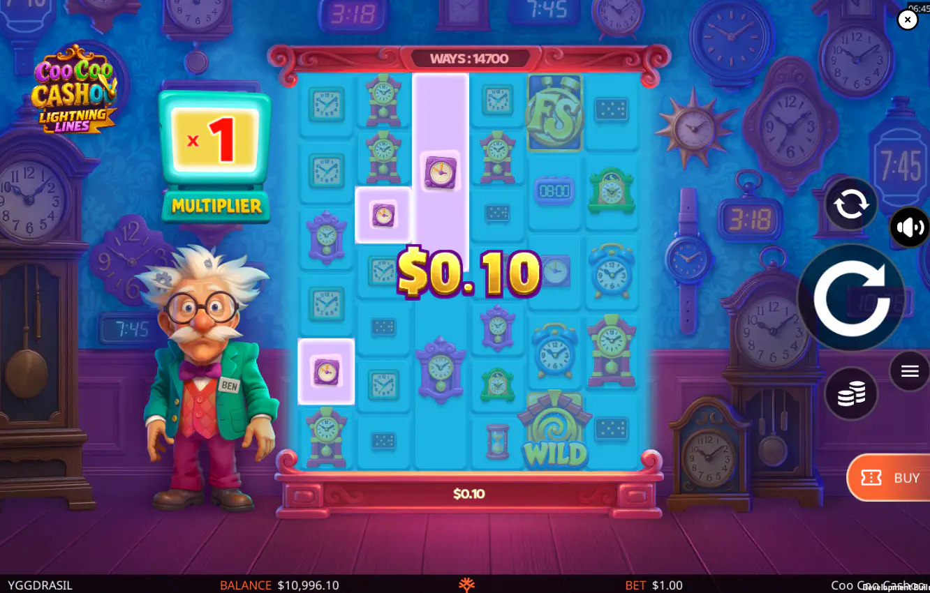 A winning spin in the Coo Coo Cashoo base game with a small payout, demonstrating how the variable ways-to-win system forms combinations.