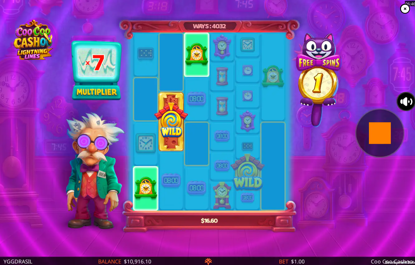 The Coo Coo Cashoo bonus round in action with an accumulated win multiplier, showcasing the key feature of non-resetting multipliers for bigger wins.