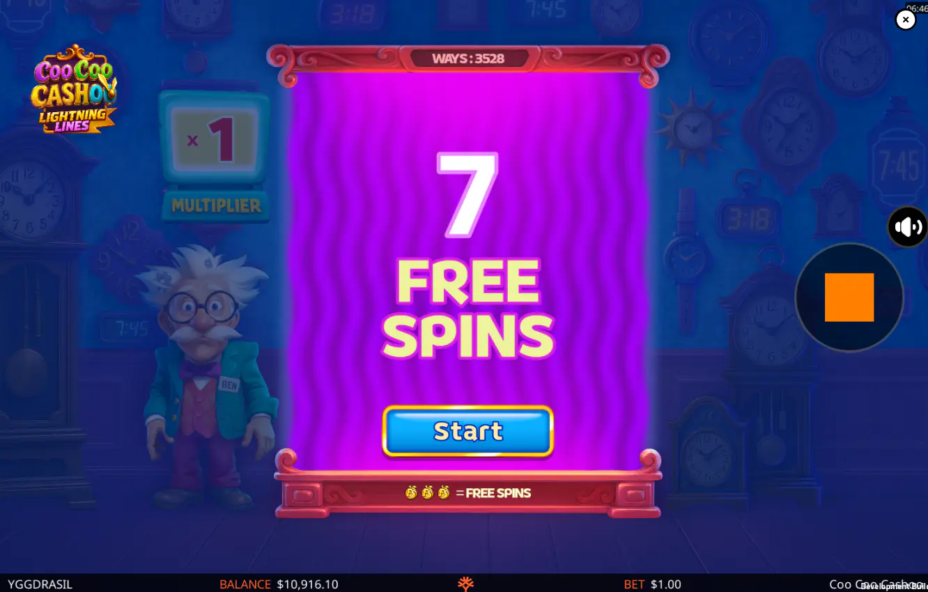 The trigger screen for the Free Spins bonus round in Coo Coo Cashoo, signaling the start of the game's main feature for players.
