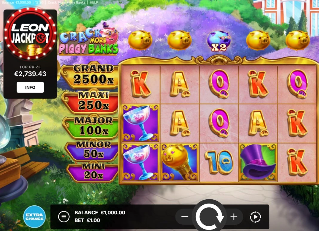 Crack More Piggy Banks main game interface showing 5 reels and five fixed jackpot values ranging from 20x to 2500x for player reference.