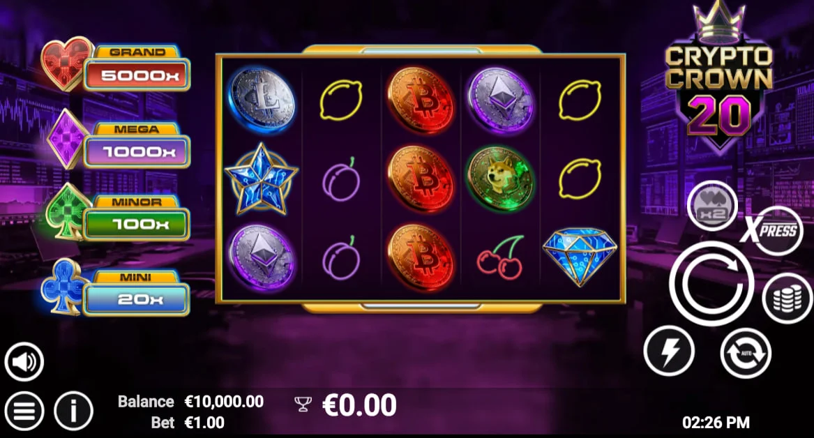 Crypto Crown 20 slot interface showing 5x4 reels and Grand Mega Minor Mini jackpot values for player reference.