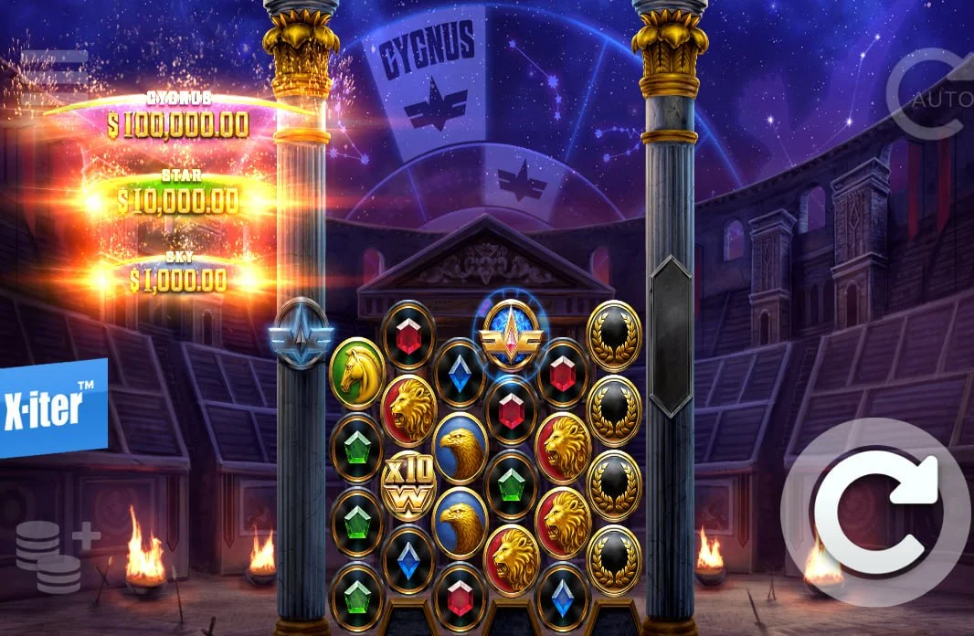 Multiplier Wild x10 on a 6x8 expanded grid in Cygnus 3 slot showing high-paying combinations for players.