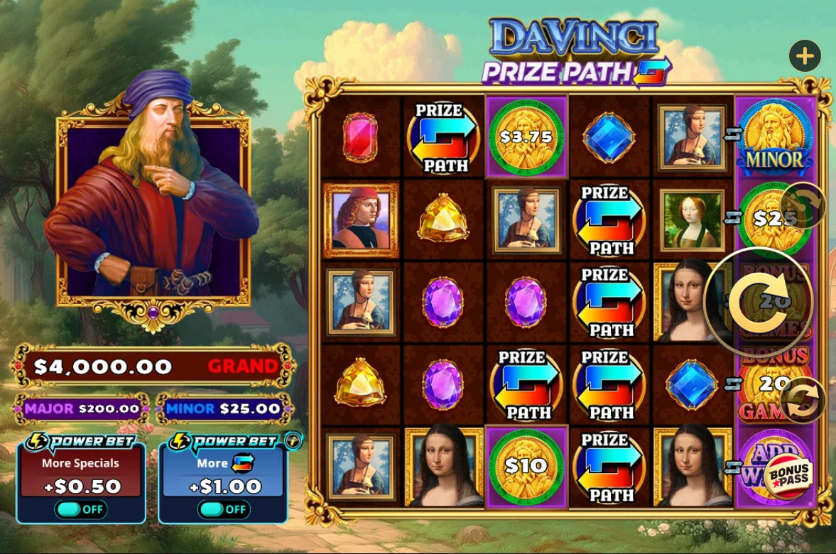 Da Vinci Prize Path main game screen showing 6 reels, portrait of Leonardo da Vinci, and the 1875 ways to win layout for initial orientation.