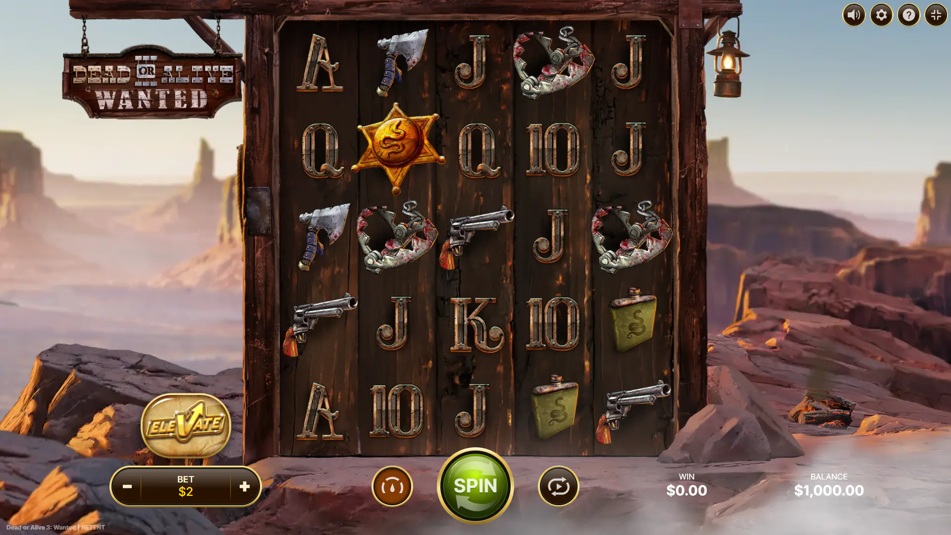 The 5x5 reel layout of the Dead or Alive 3 Wanted slot in the base game, showing the Wild West theme and high-paying symbols.