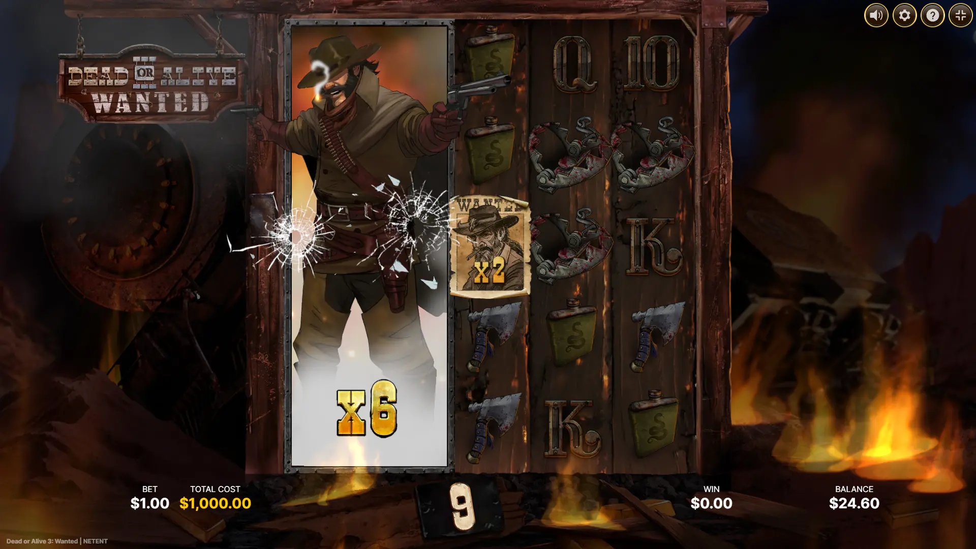 The expanding Bounty Hunter Wild feature in action during the free spins round, collecting multipliers from other wilds for a big win.