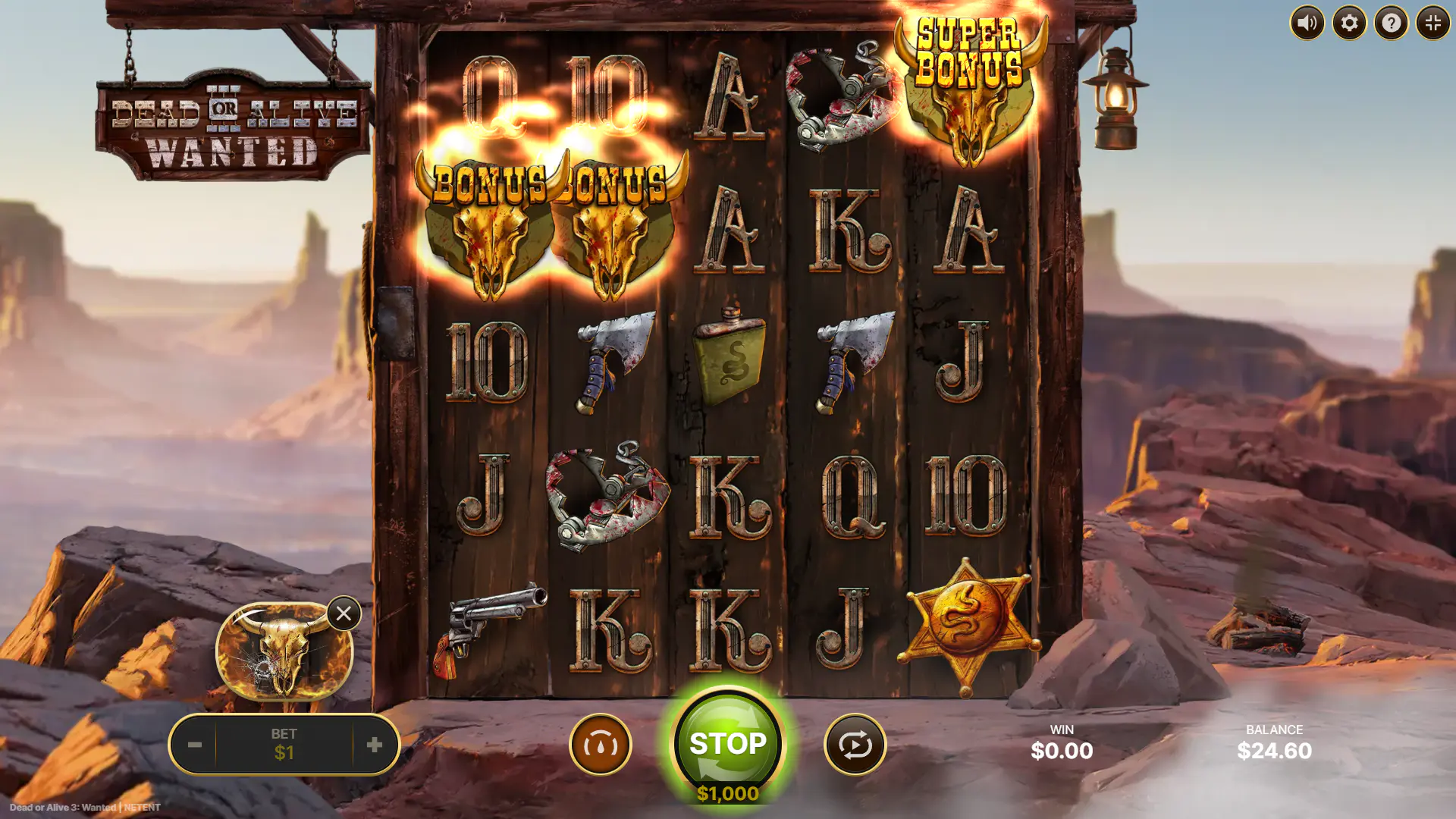 Triggering the Super Free Spins bonus in Dead or Alive 3 Wanted with two regular Bonus symbols and one enhanced Super Bonus symbol.