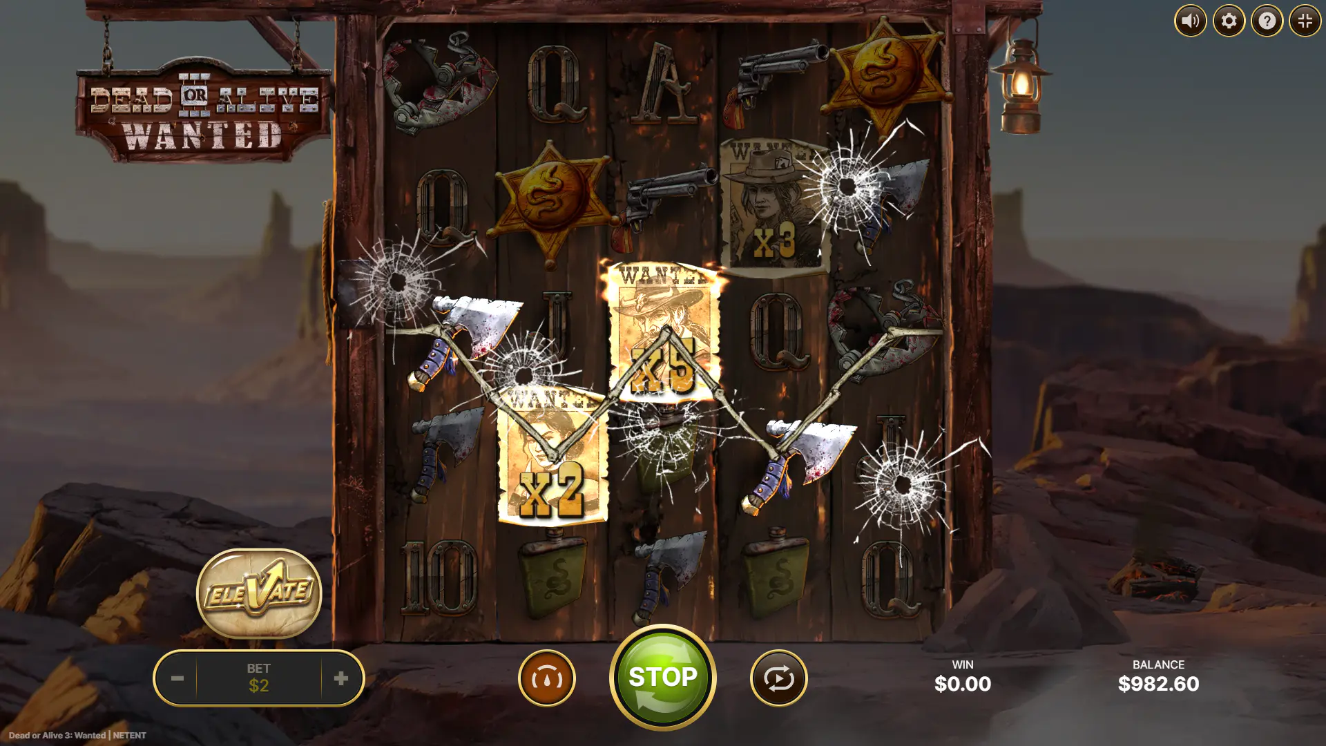 A winning spin in Dead or Alive 3 Wanted featuring several Wanted Wild symbols with multipliers, showcasing the core base game feature.