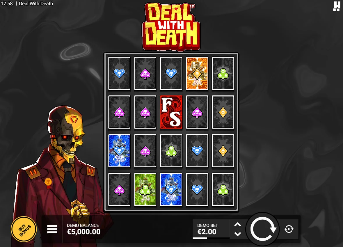 Skeletal character in a red suit standing next to the 5x4 grid in Deal with Death Classic Mode to show the dark atmosphere.