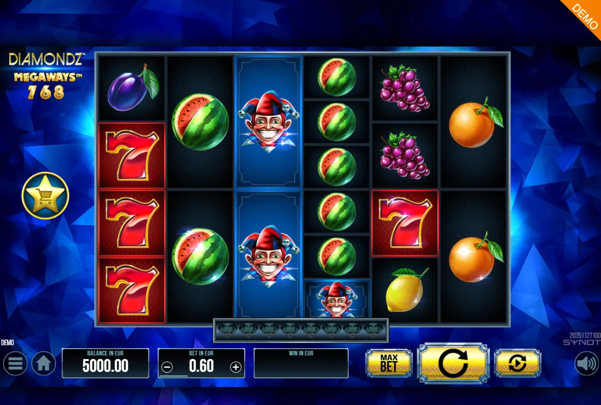 Diamondz Megaways 6-reel slot grid showing 1620 active ways with fruit symbols on a blue background.
