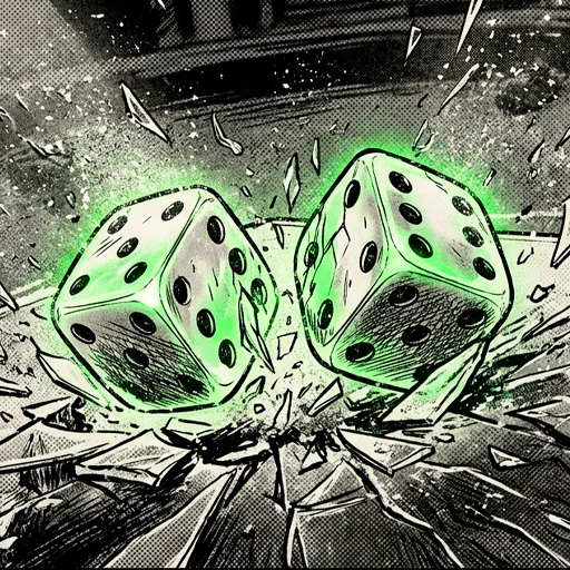 Glowing casino dice shattering glass in a dark graphic novel style, illustrating the dynamic mechanics of dice slot games