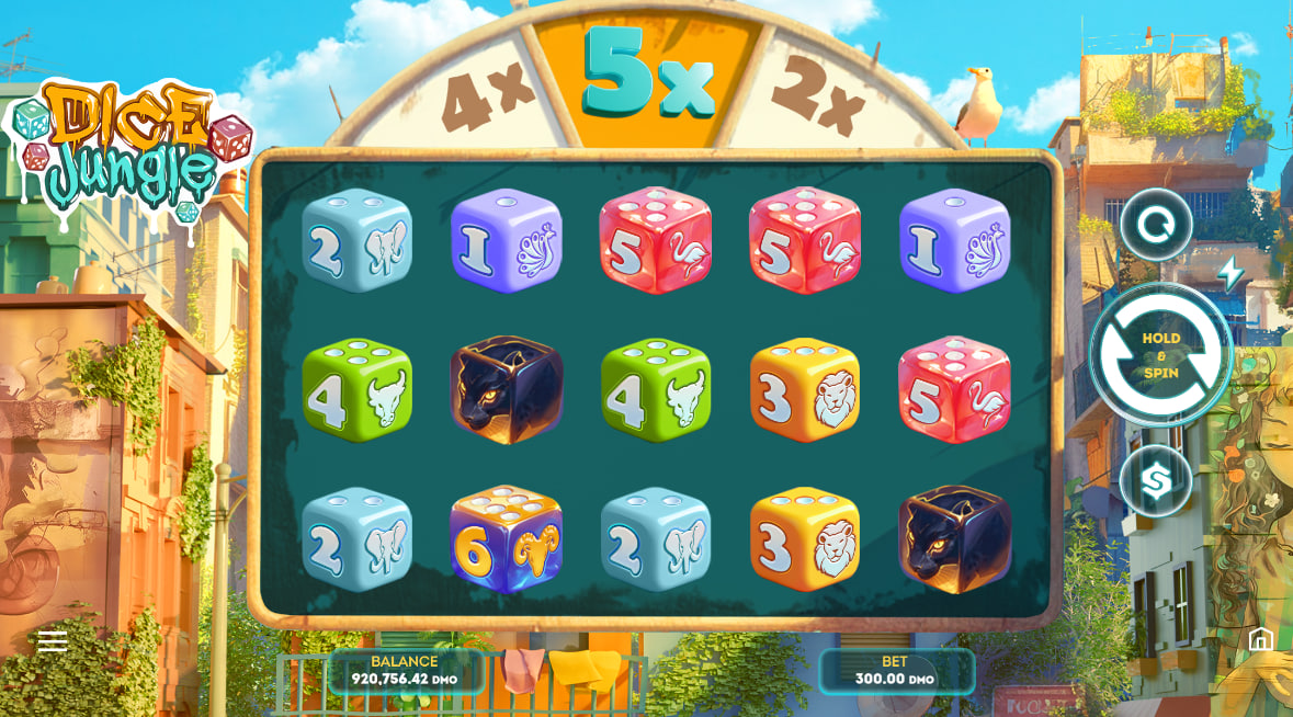 Dice Jungle slot main game screen with 5x3 grid and the top multiplier wheel showing a 5x potential.