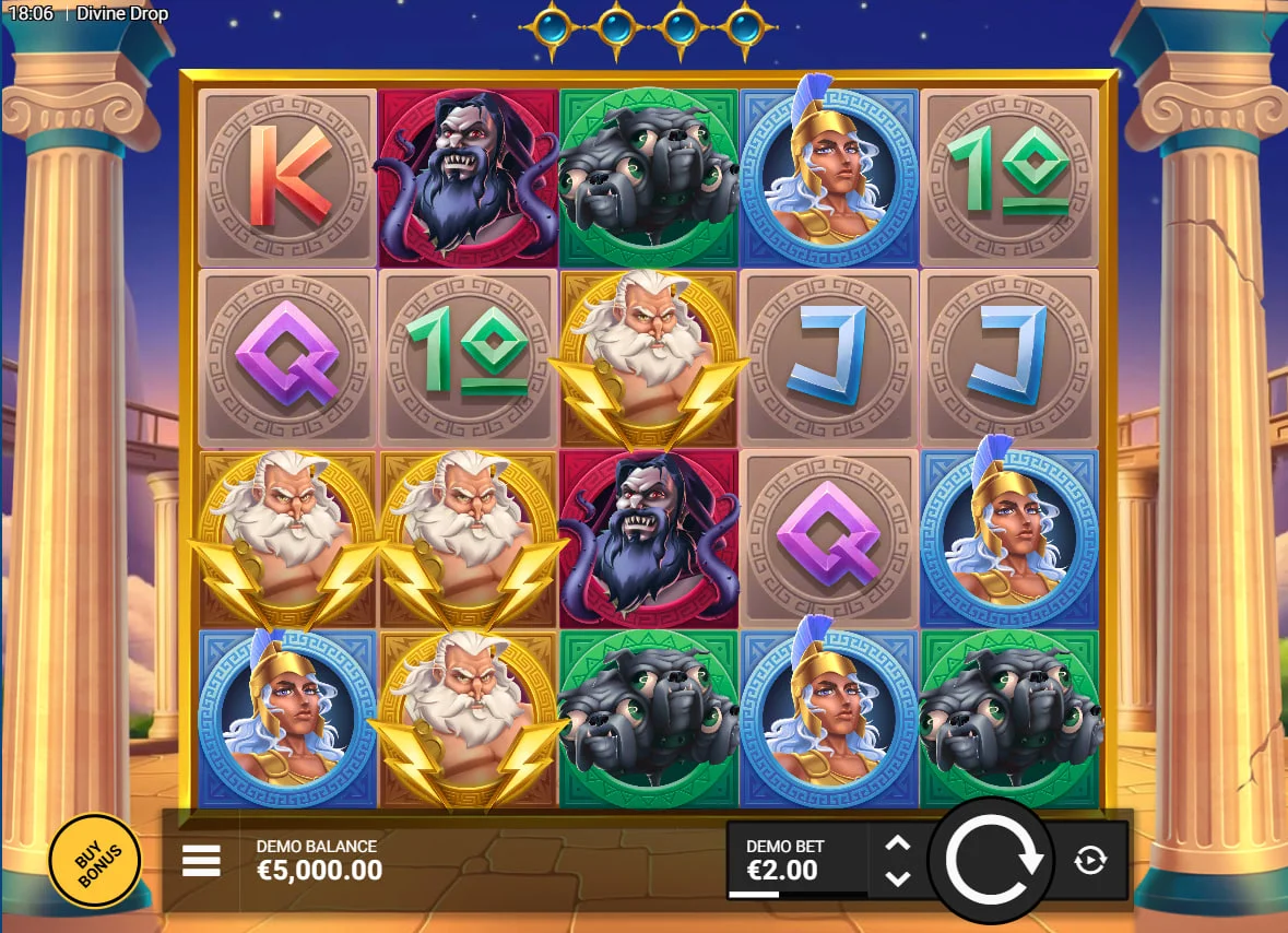 Divine Drop slot 5x4 grid featuring Zeus and Hades symbols during base gameplay showing the Greek temple background