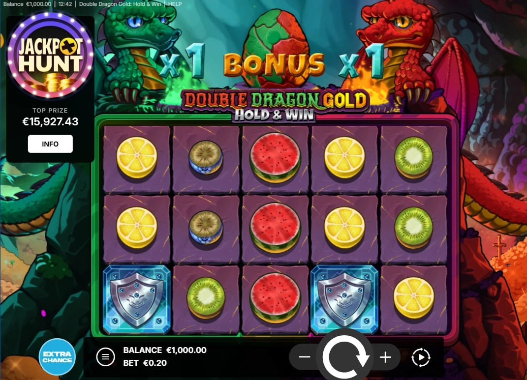 Full 5x3 reel set of Double Dragon Gold: Hold & Win slot featuring green and red dragons and jeweled fruit symbols for player immersion.