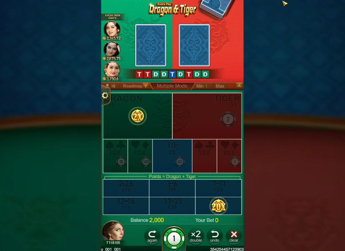 Dragon & Tiger game interface showing the betting layout and central card positions which is vital for understanding the primary 1:1 wager zones.