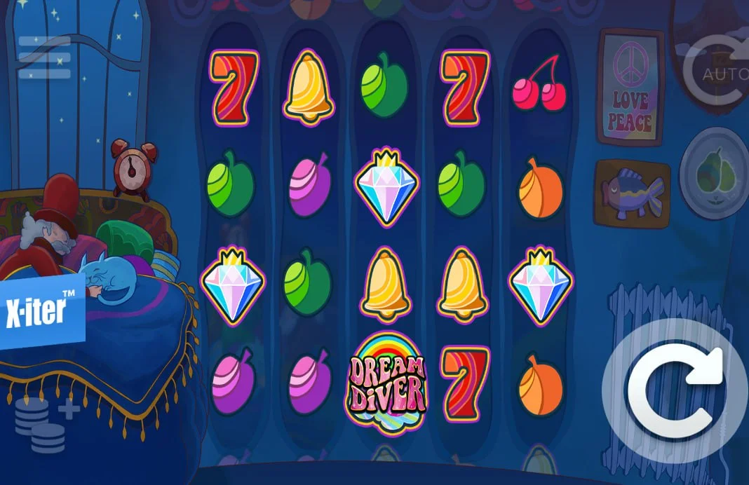 Dream Diver 5x4 slot grid with retro fruit and 7 symbols on a psychedelic blue background, showing the starting layout for players.