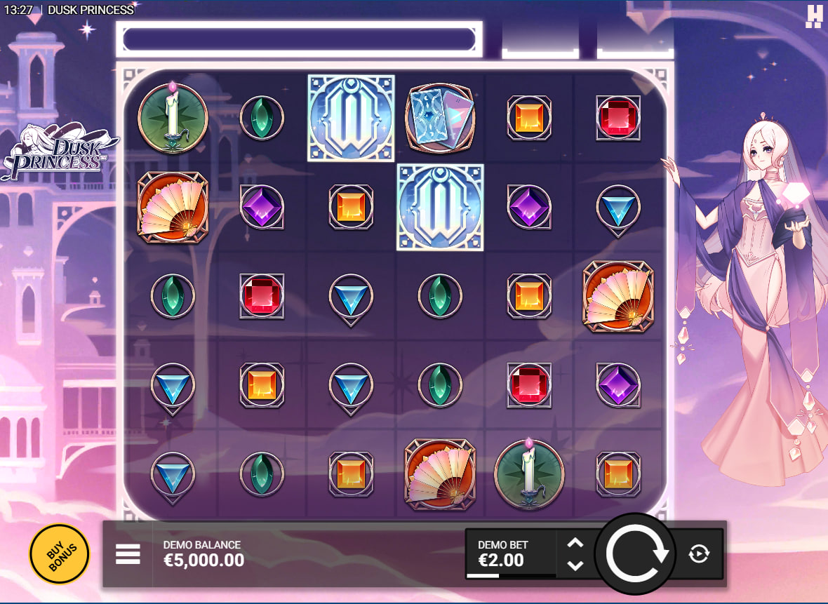 Dusk Princess 6x5 slot grid featuring Princess Luna silhouette and celestial symbols for cluster wins.