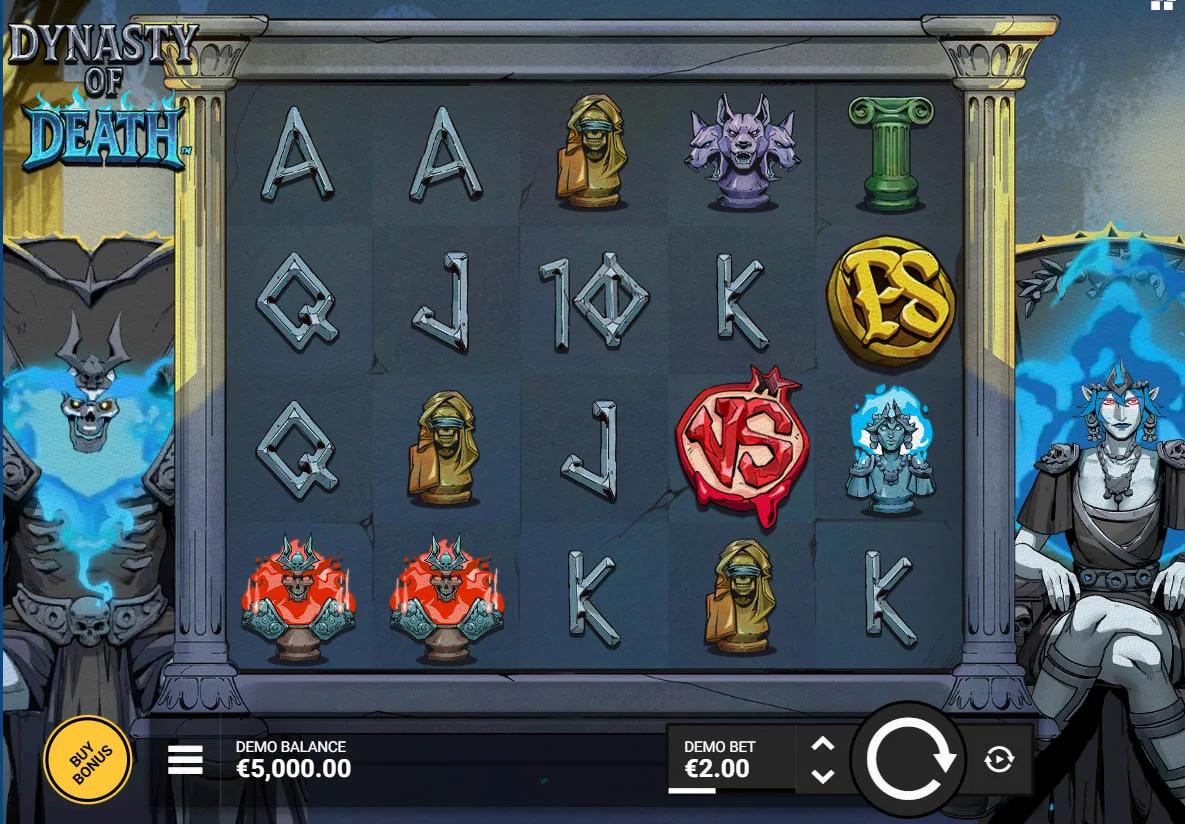 Main grid of Dynasty of Death slot showing Hades and Persephone characters which sets the high-stakes mythological atmosphere for the player.