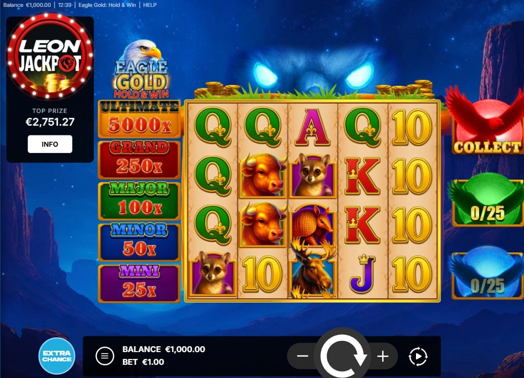 Full 5x3 grid of Eagle Gold Hold and Win slot showing Moose and Buffalo symbols with the 5,000x Ultimate Jackpot meter visible.