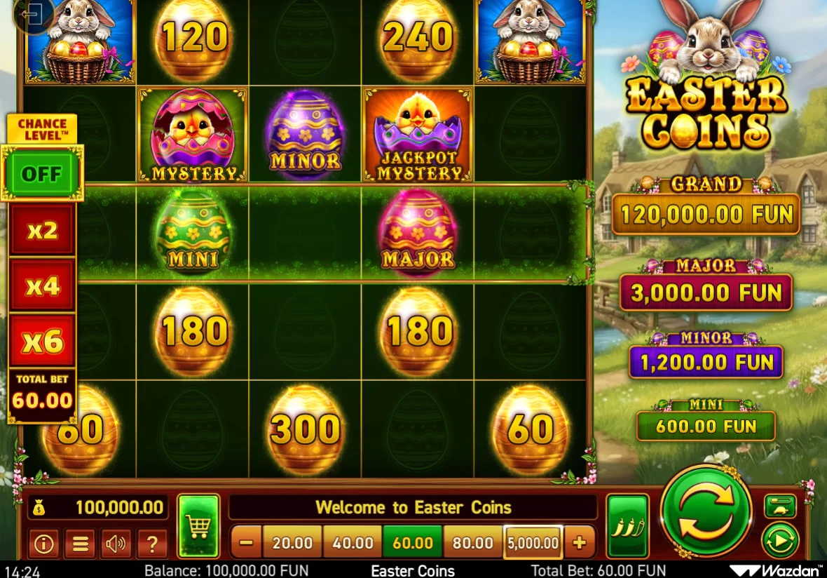 Full 5x5 grid of Easter Coins slot showing various cash egg symbols and the active jackpot values for Grand, Major, and Minor prizes.