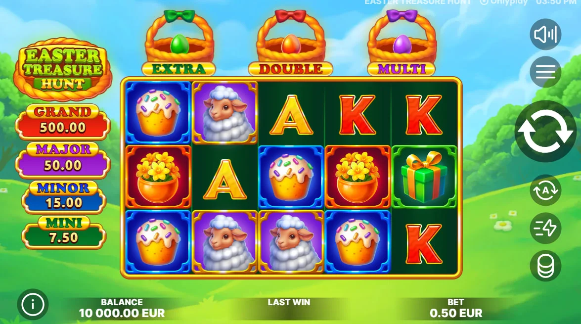 Easter Treasure Hunt slot main game screen showing the 5x3 grid and bonus egg baskets which is essential for tracking collection progress.