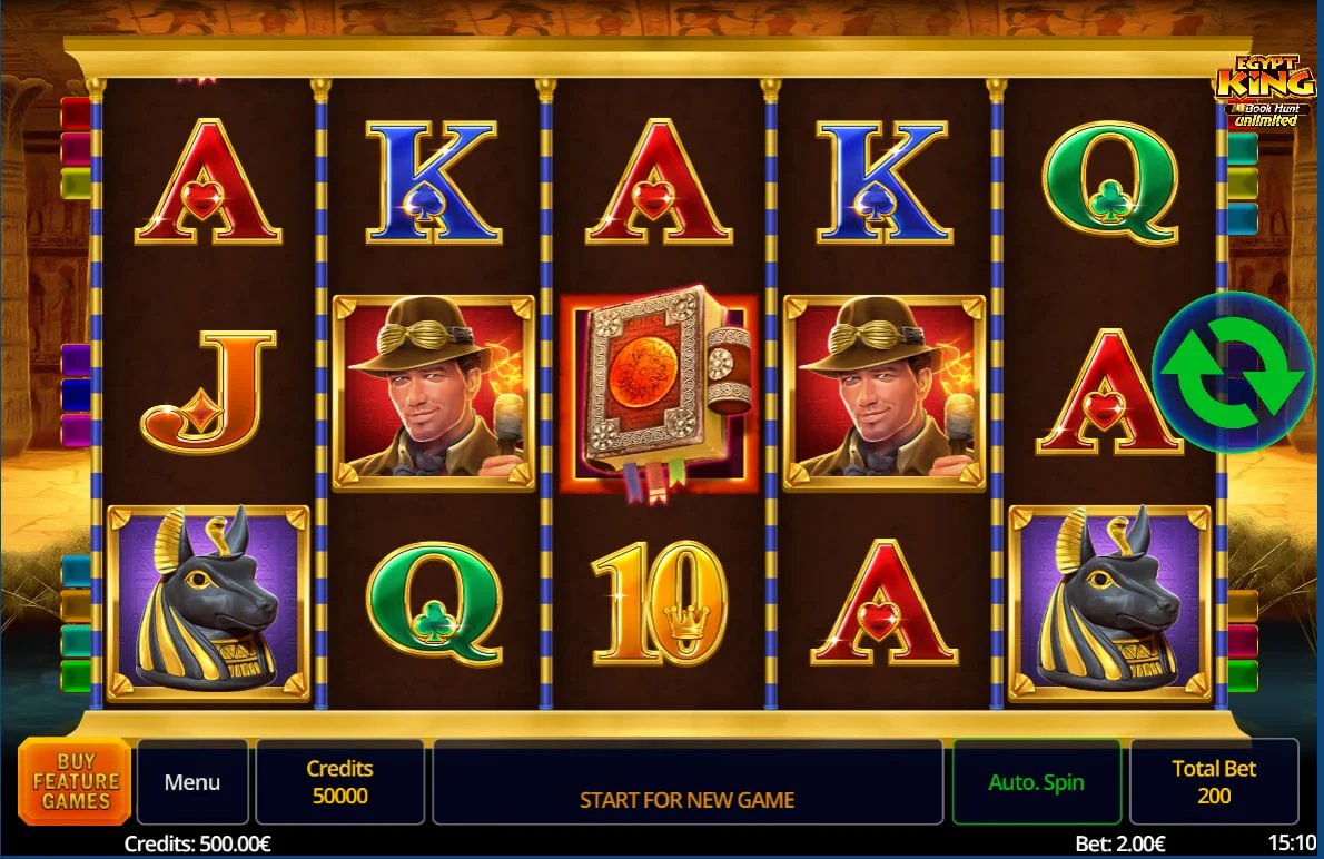 Paytable of Egypt King Book Hunt Unlimited showing the 100,000 unit payout for the Explorer symbol, highlighting the game's high-value win potential.