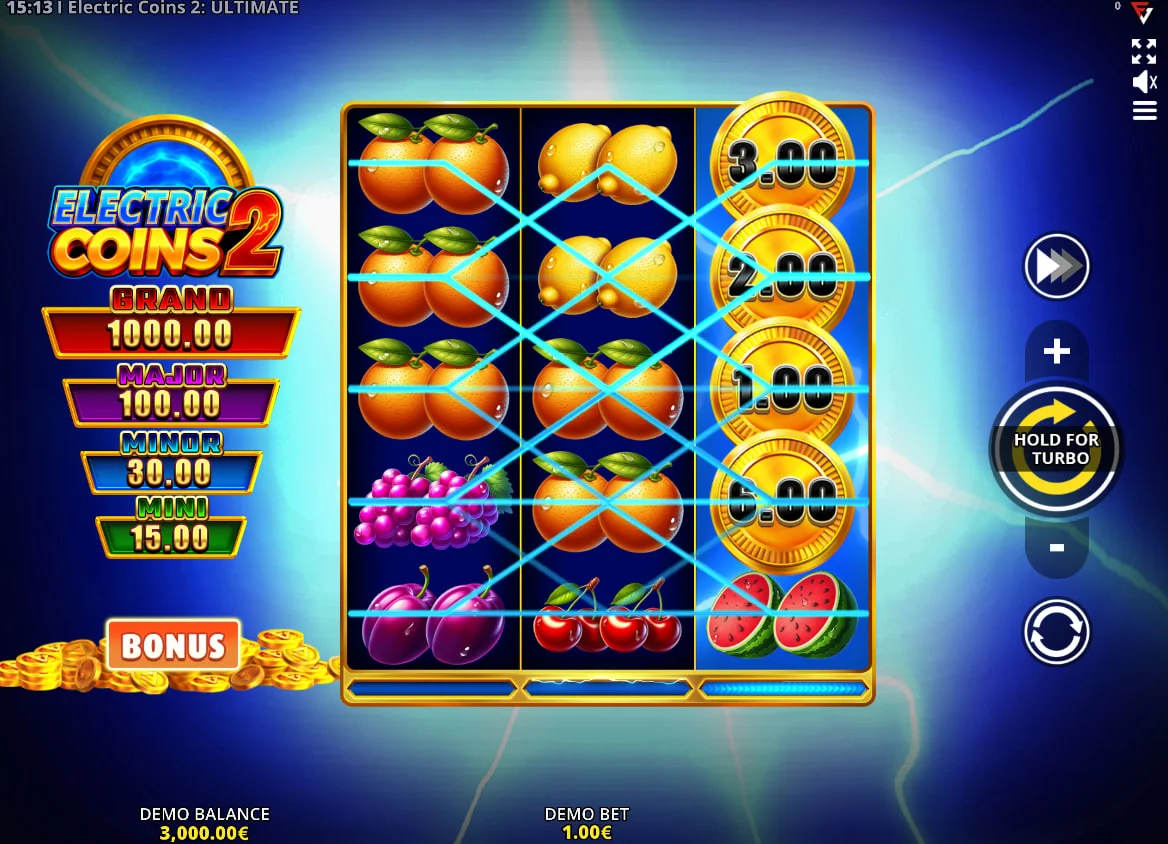 Wild symbol and high-paying bells in Electric Coins 2 Ultimate paytable showing the 30x payout for three wild symbols which is crucial for base game wins.