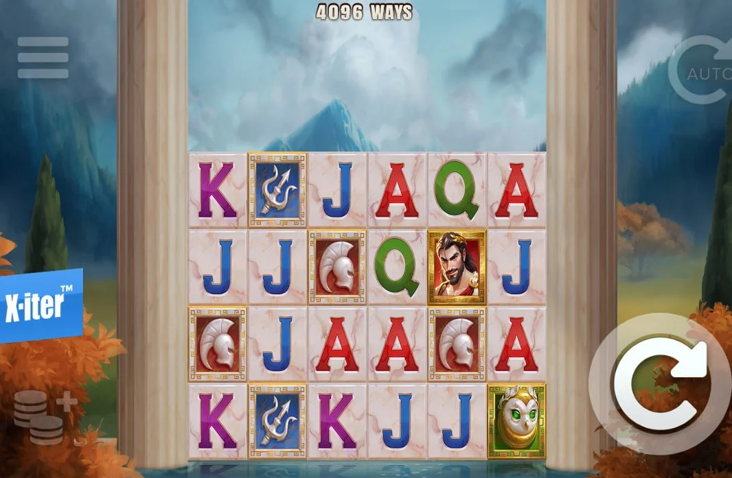 Full 4096-ways grid of Elysian Gold slot showing the Greek temple background and high-value character symbols during a base game spin.