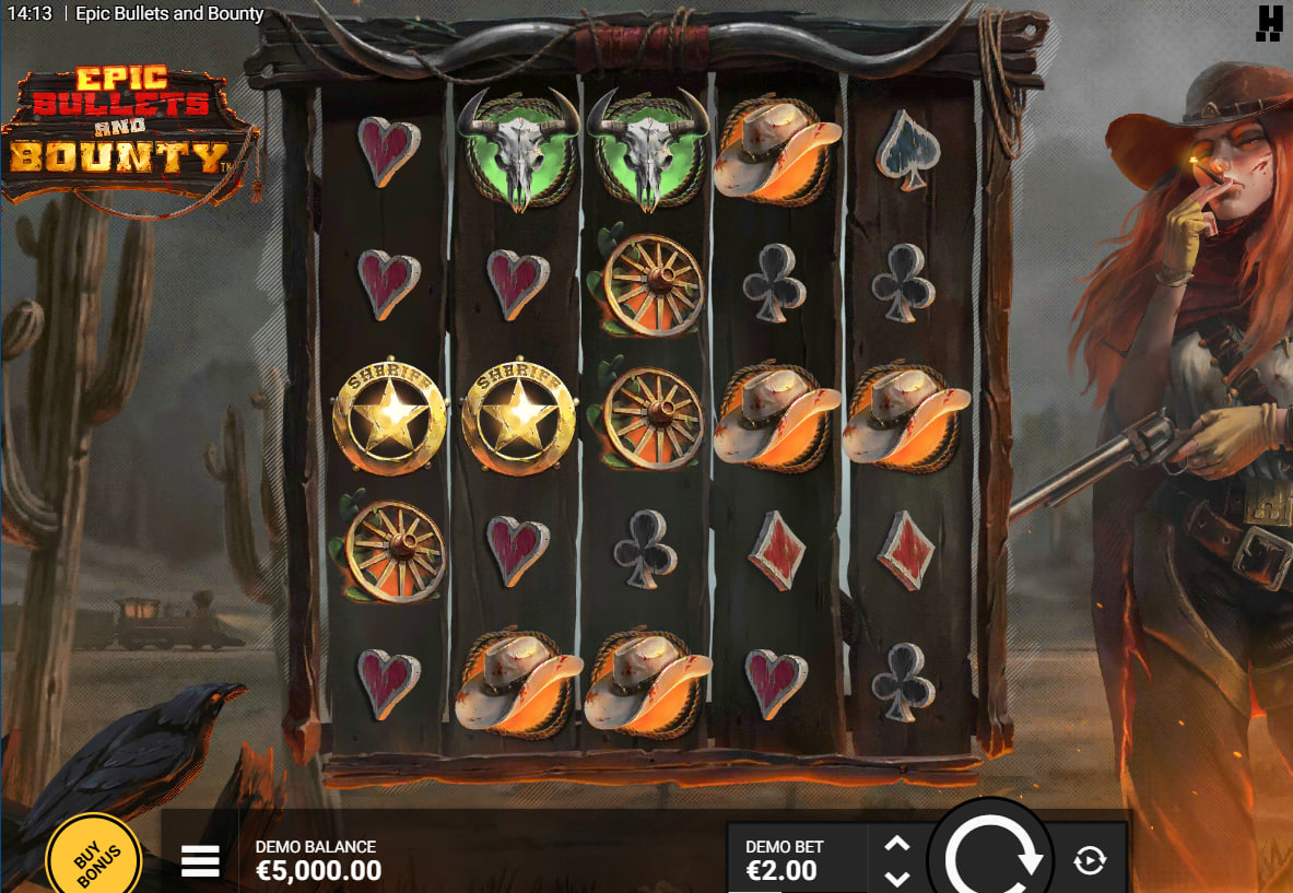 Epic Bullets and Bounty 5x5 grid in base game mode featuring card suit symbols and Quick Draw Kate standing beside the reels.
