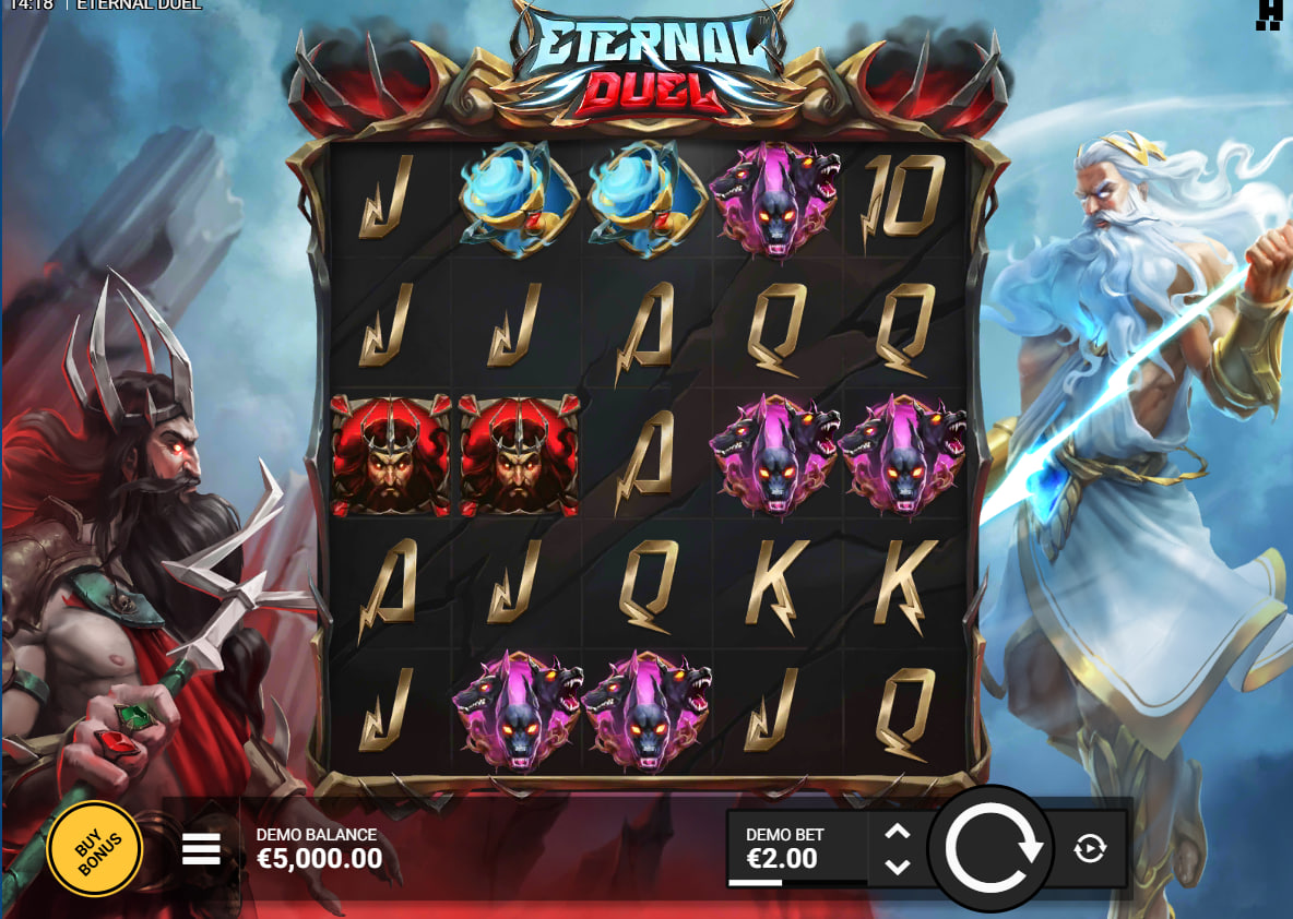 Eternal Duel 5x5 slot grid featuring Zeus and Hades on the sides in a dark mythological setting.