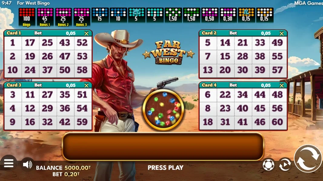 Main interface of Far West Bingo showing four active cards and the 60-ball drum for tracking winning numbers in real-time.
