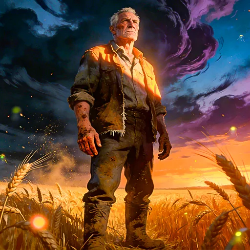 A farmer in a field at sunset, representing the agricultural theme of Farm slots available for free play on Respinix.
