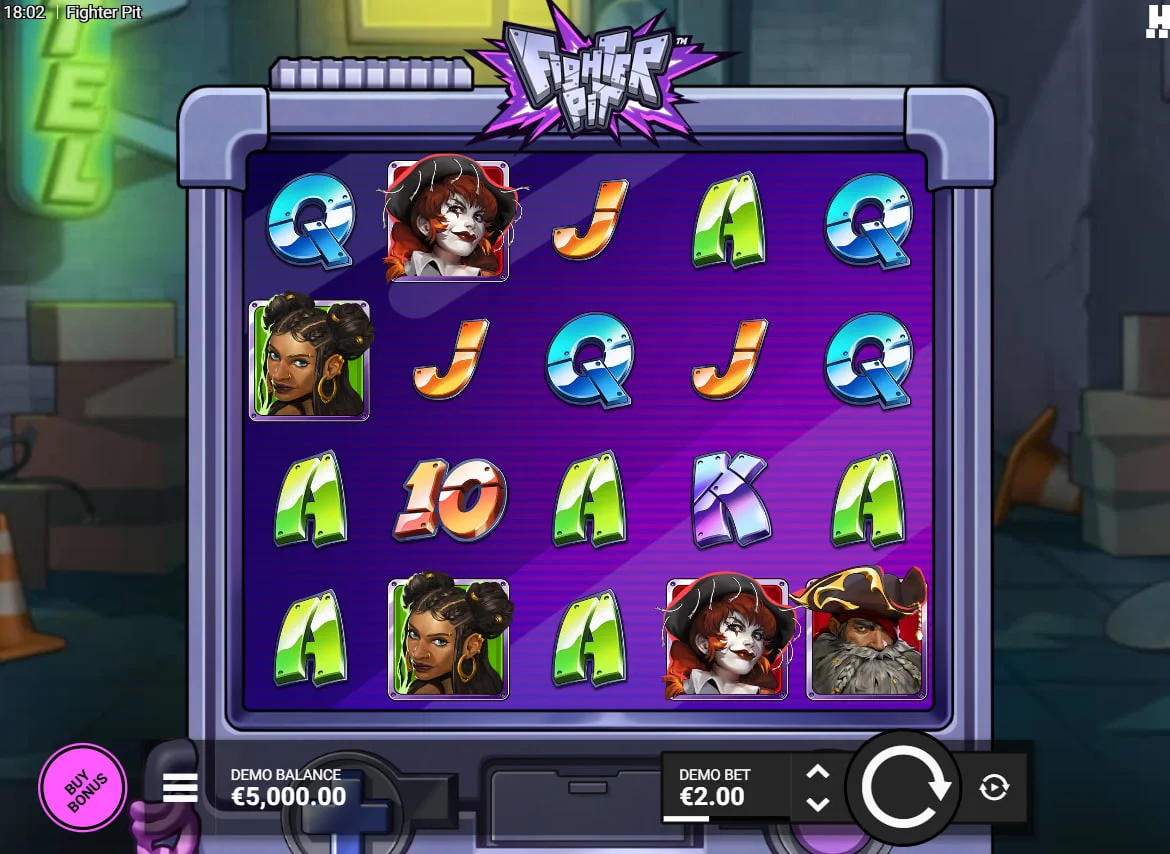 Fighter Pit slot base game grid featuring punk and pirate symbols on a purple 5x4 reel set for standard gameplay.
