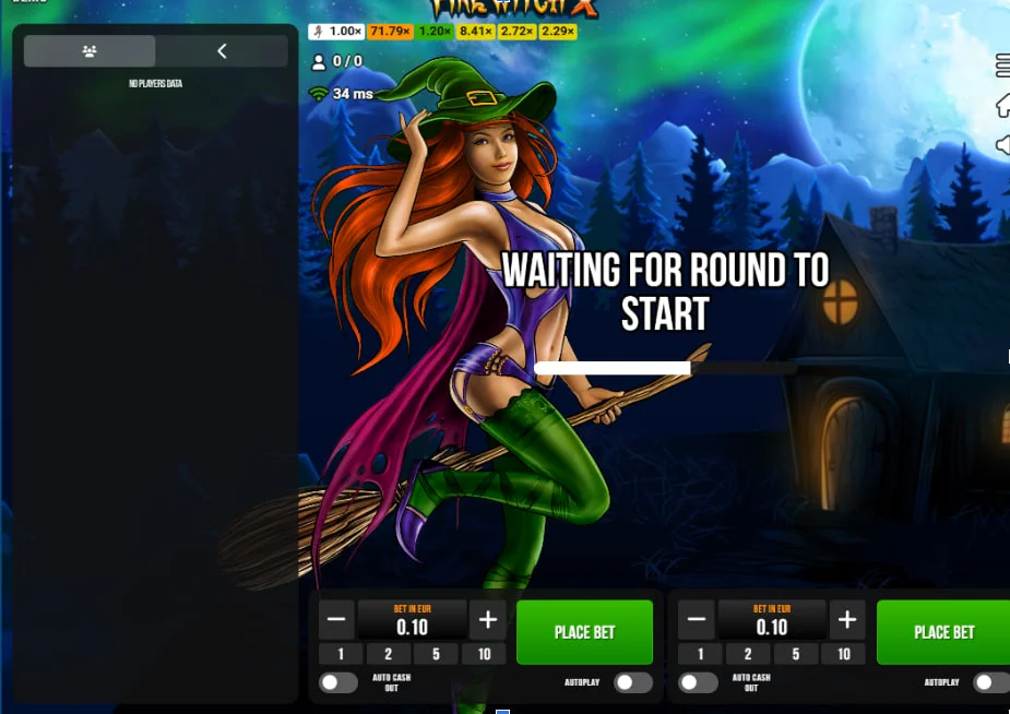 Fire Witch X main game screen with witch artwork and waiting round message, showing the live crash setup and core session flow