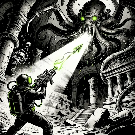 A mechanical kraken and a diver with a harpoon in an underwater temple, showing the dynamics of arcade fishing games