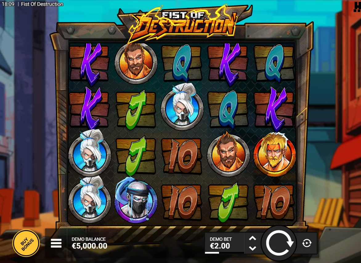Full 5x4 grid of Fist of Destruction slot featuring fighter symbols and card ranks which is essential for understanding the urban combat theme.
