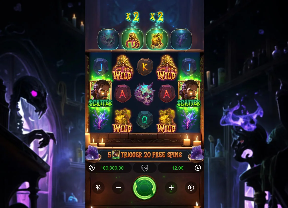Main 5x3 reel grid of Forbidden Alchemy slot featuring alchemist scatters and skulls in a purple laboratory setting for a dark atmosphere.