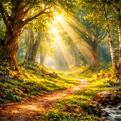 A sunlit path winding through a dense forest of birch and oak trees, capturing the joyful and vibrant atmosphere of nature-themed Forest slots.