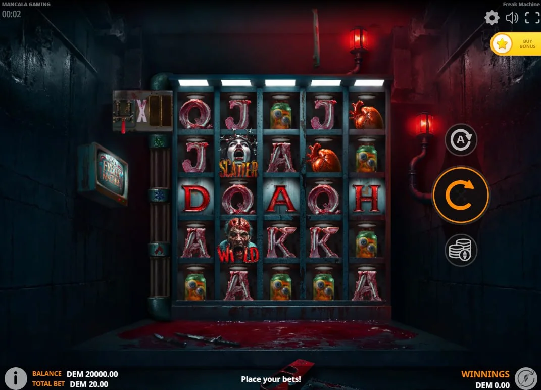 Freak Machine slot title screen with industrial horror aesthetic and rusty metal logo, showing the game's dark theme to the player.