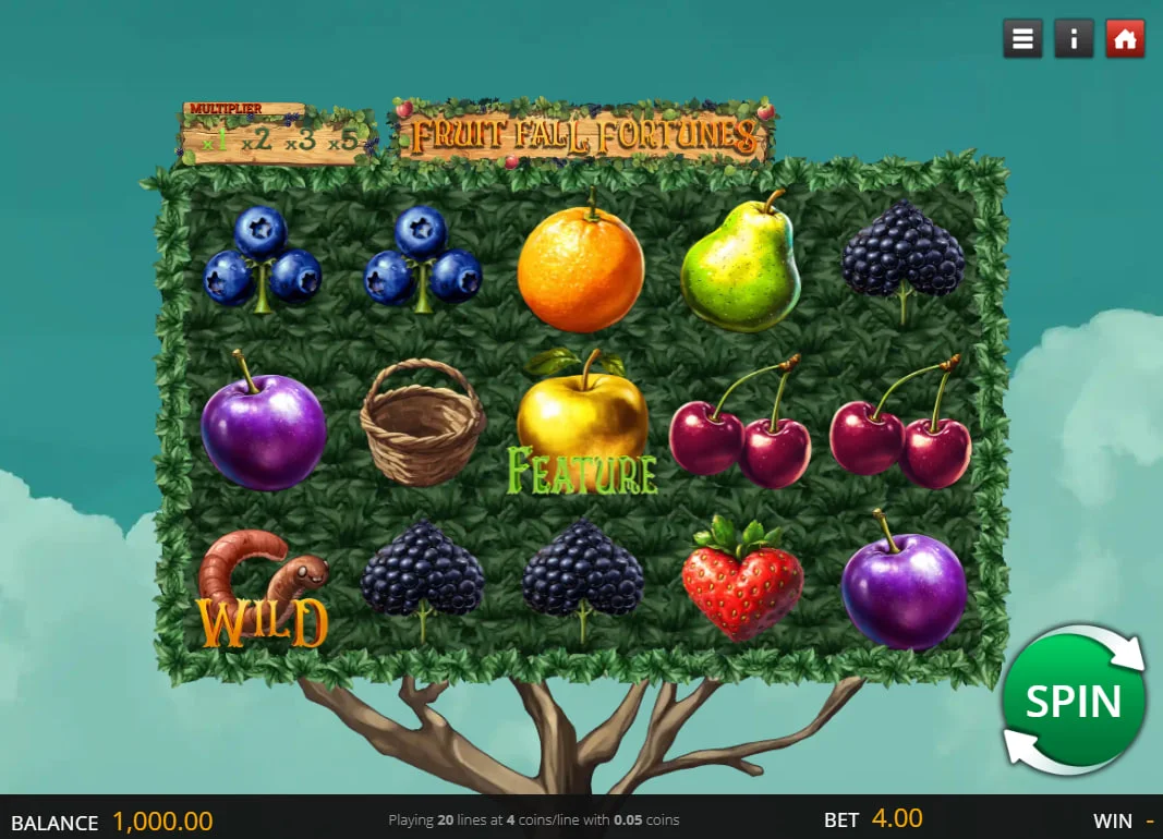Fruit Fall Fortunes main 5x3 grid on a green leaf background showing various fruit symbols and the spin button.
