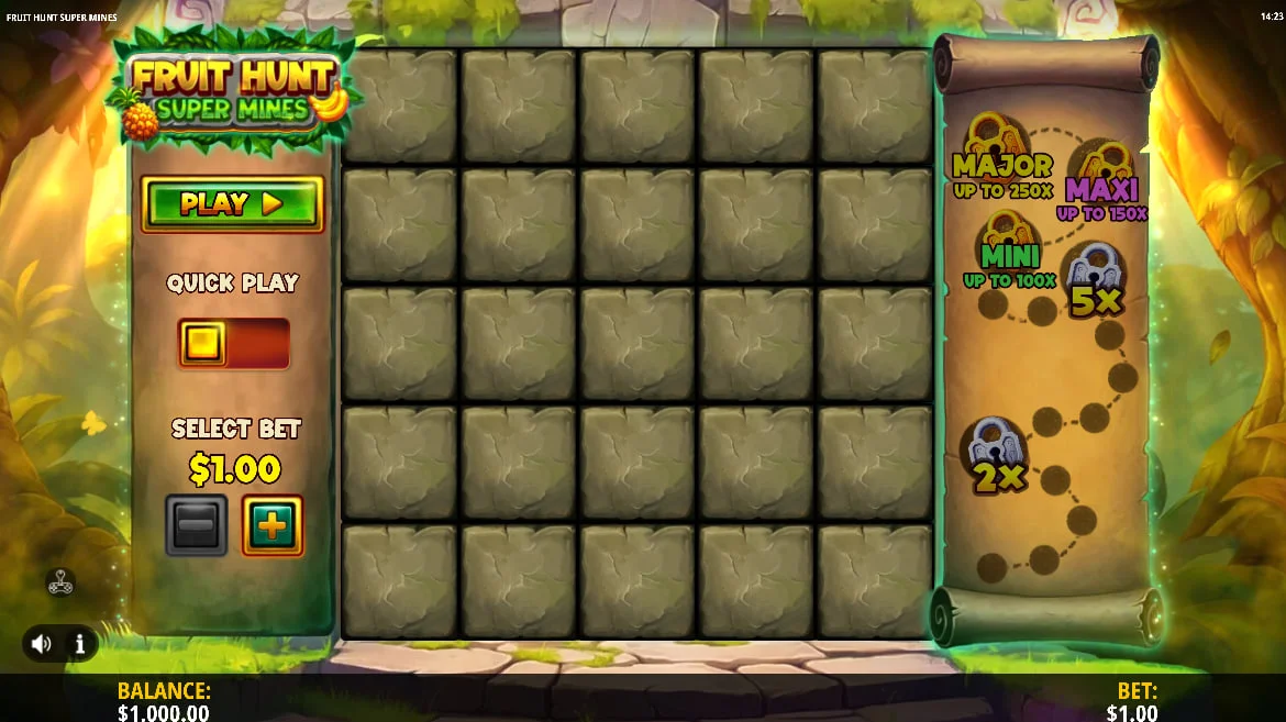 5x5 stone block grid in Fruit Hunt Super Mines showing the Prize Ladder scroll on the right for tracking win progression.