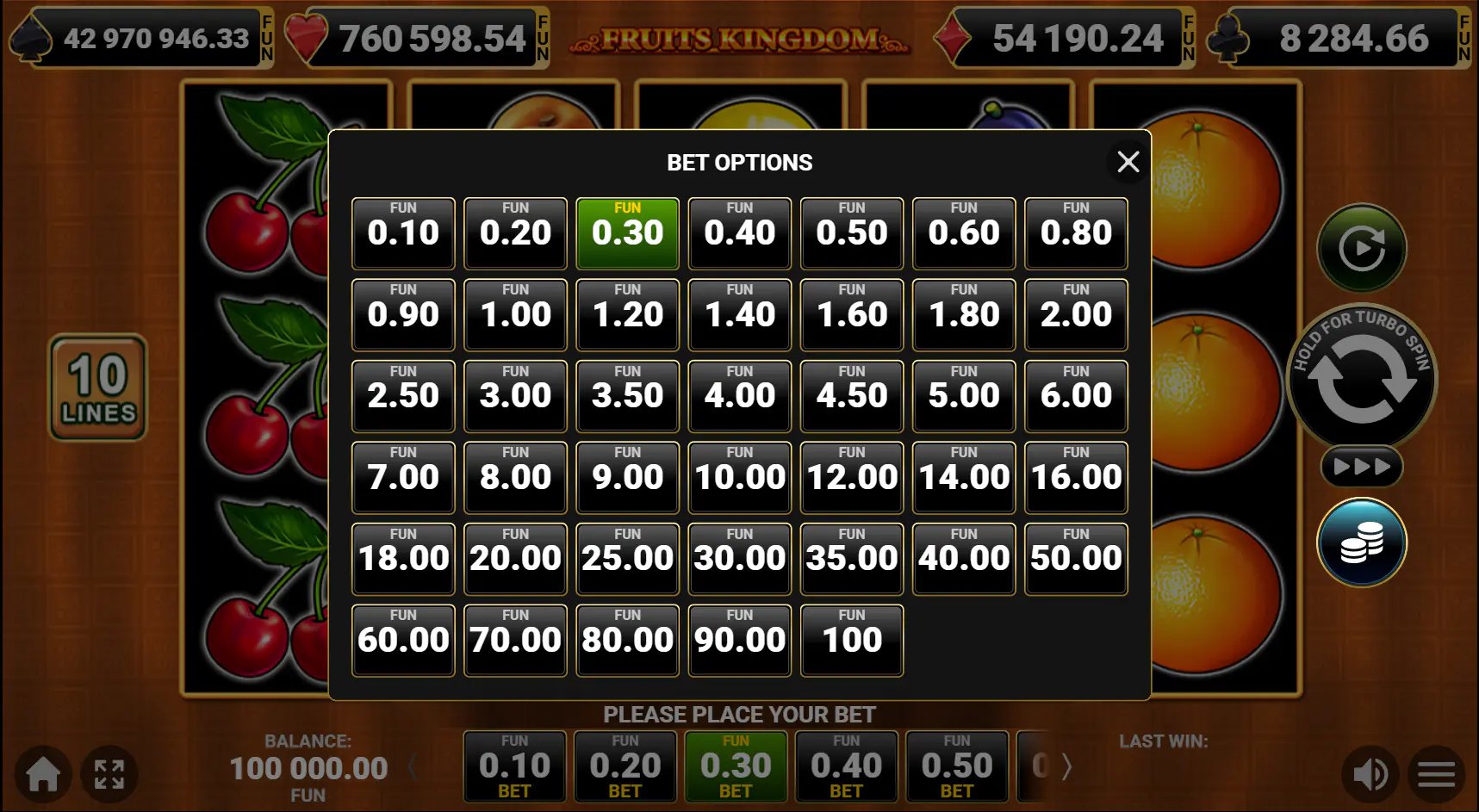 Fruits Kingdom bet options menu during setup, shown before a spin, important for seeing stake selection and session control