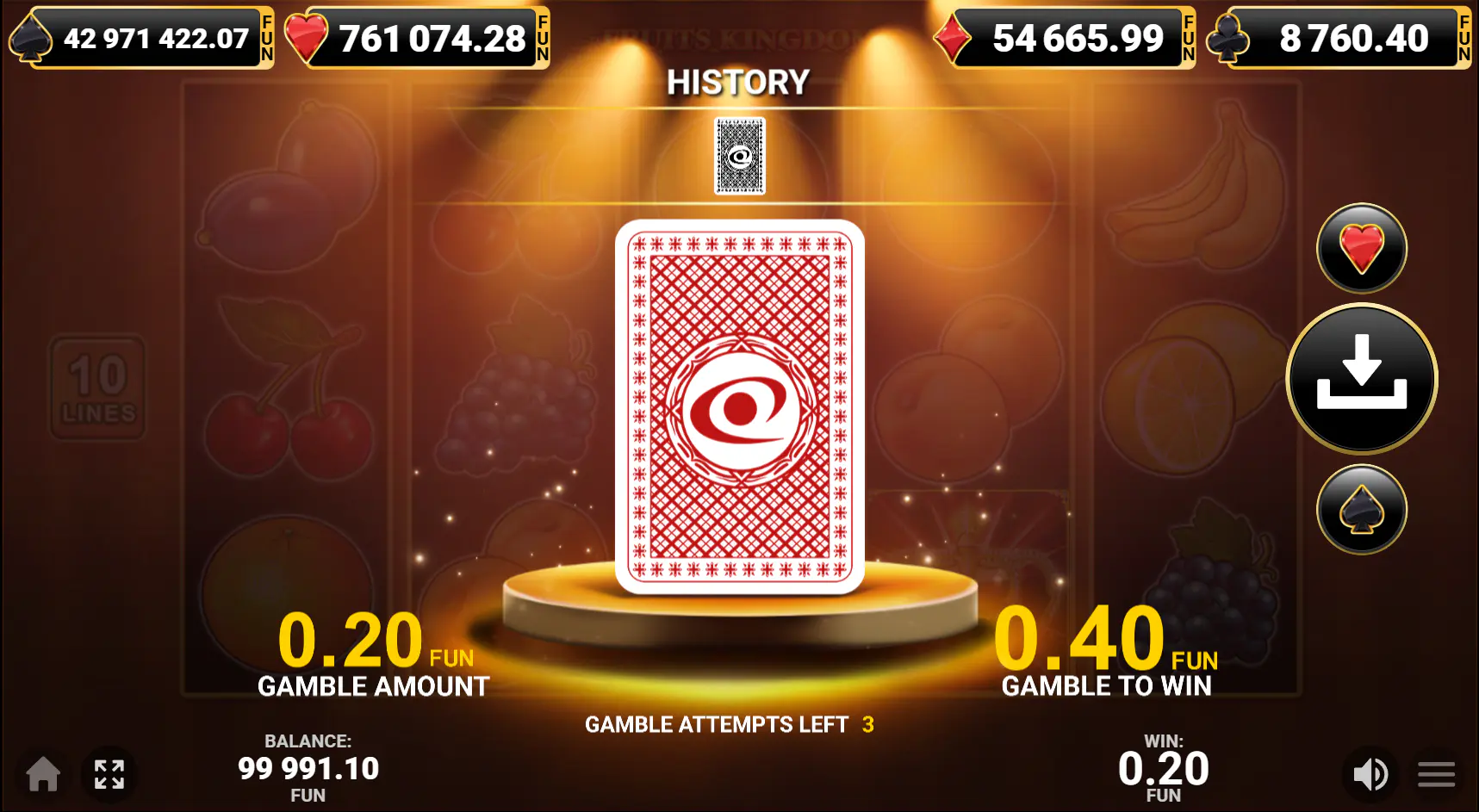 Fruits Kingdom gamble feature screen with card choice and history, shown after a win, important for explaining the double-or-lose side game