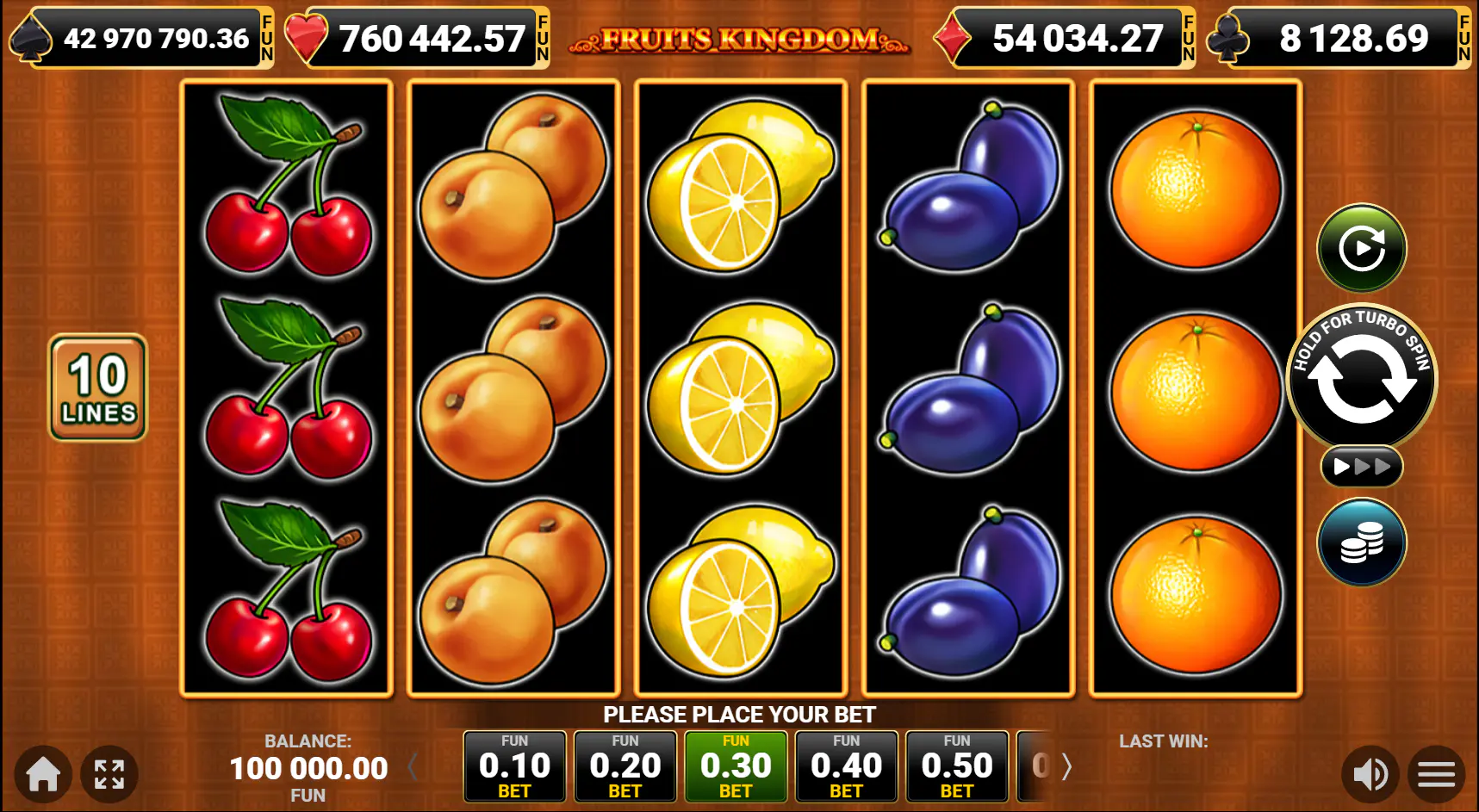 Fruits Kingdom main screen with reels and jackpot meters, shown in base game view, important for understanding the slot layout and interface