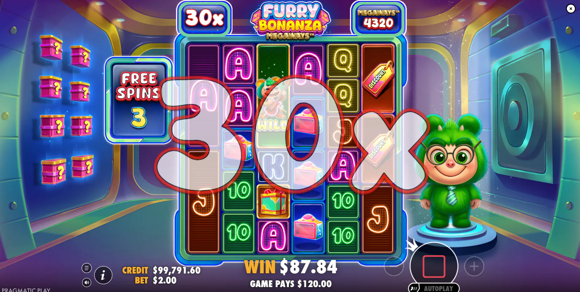 A massive 30x multiplier hits during the Free Spins bonus round of Furry Bonanza Megaways, illustrating the explosive win potential of the high-risk options.